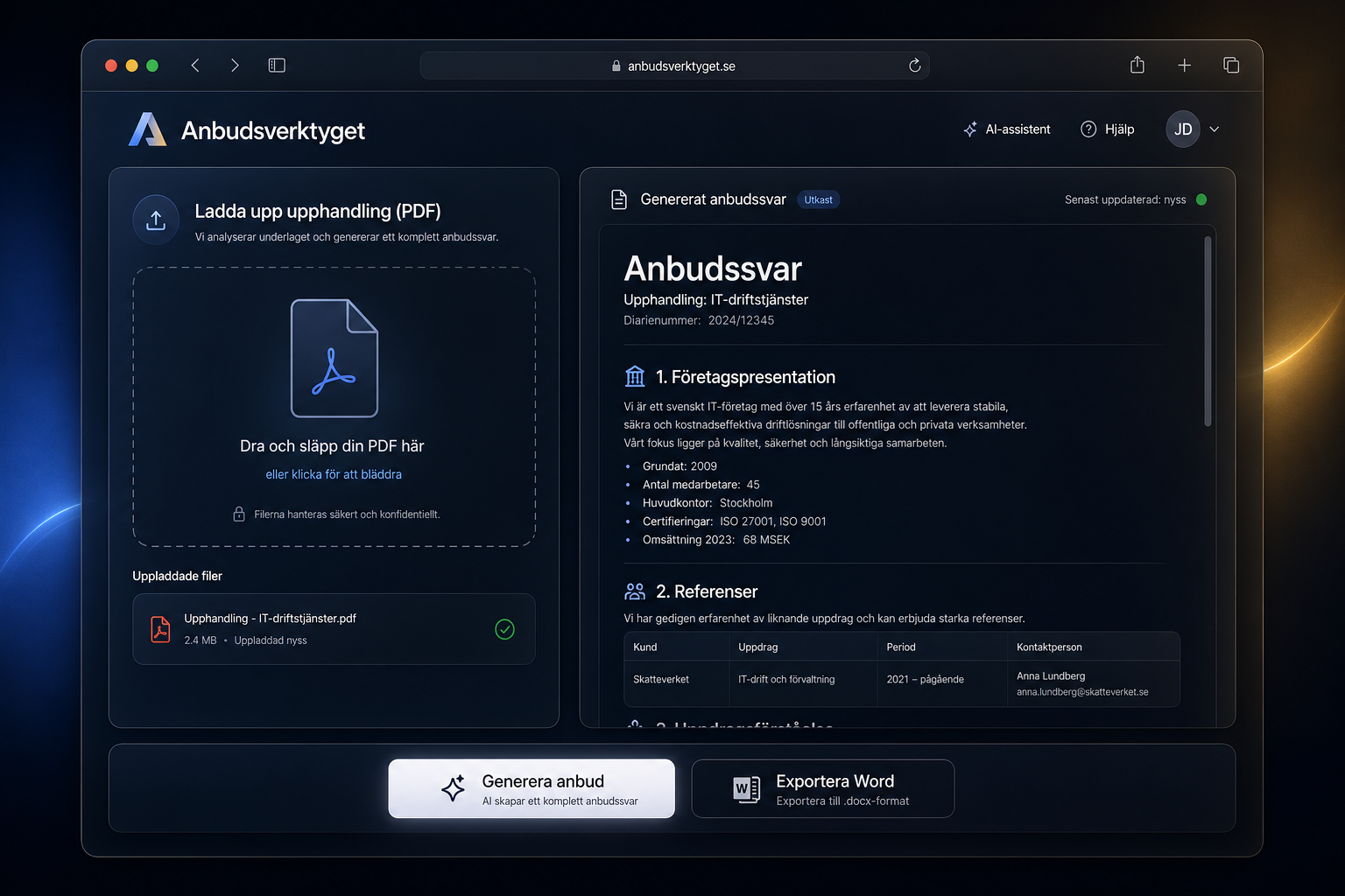 Skärmdump av Anbudsverktyget — AI som genererar svenska anbudssvar